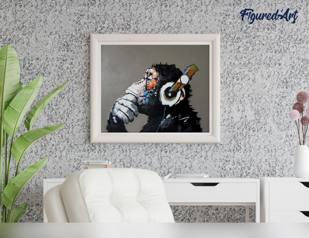 Malen nach Zahlen 40x50cm auf Keilrahmen gespannt Figured’Art Affe mit Kopfhörer