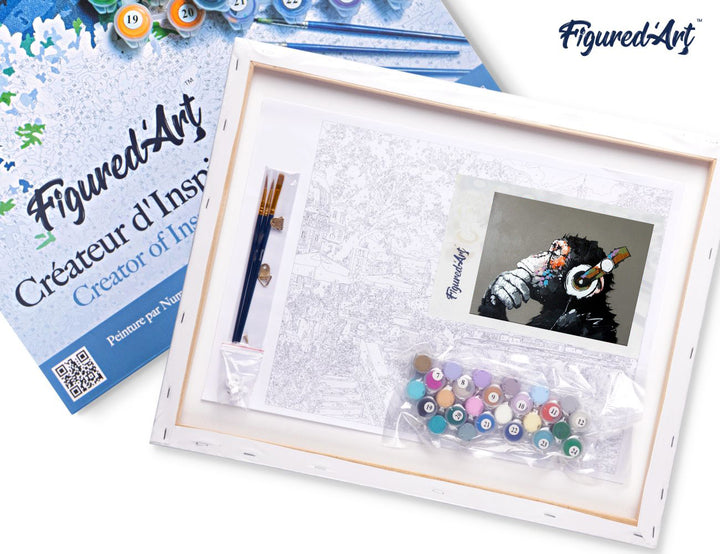 Malen nach Zahlen 40x50cm auf Keilrahmen gespannt Figured’Art Affe mit Kopfhörer