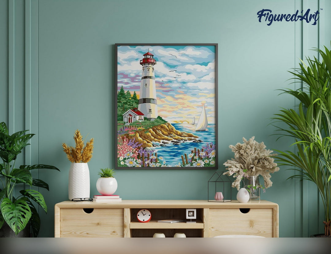 Malen nach Zahlen 40x50cm ohne Keilrahmen Figured’Art Leuchtturm unter bewölktem Himmel