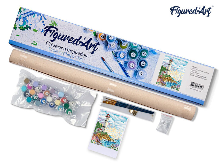 Malen nach Zahlen 40x50cm ohne Keilrahmen Figured’Art Leuchtturm unter bewölktem Himmel