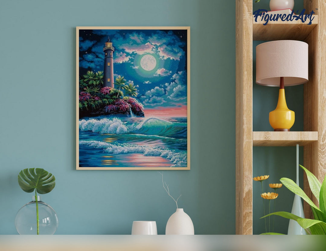 Malen nach Zahlen 40x50cm ohne Keilrahmen Figured’Art Leuchtturm unter dem Vollmond