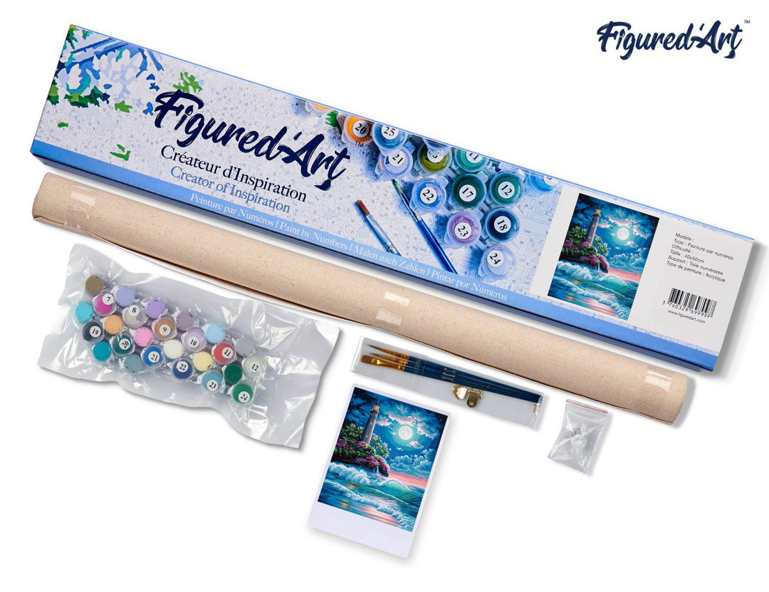 Malen nach Zahlen 40x50cm ohne Keilrahmen Figured’Art Leuchtturm unter dem Vollmond