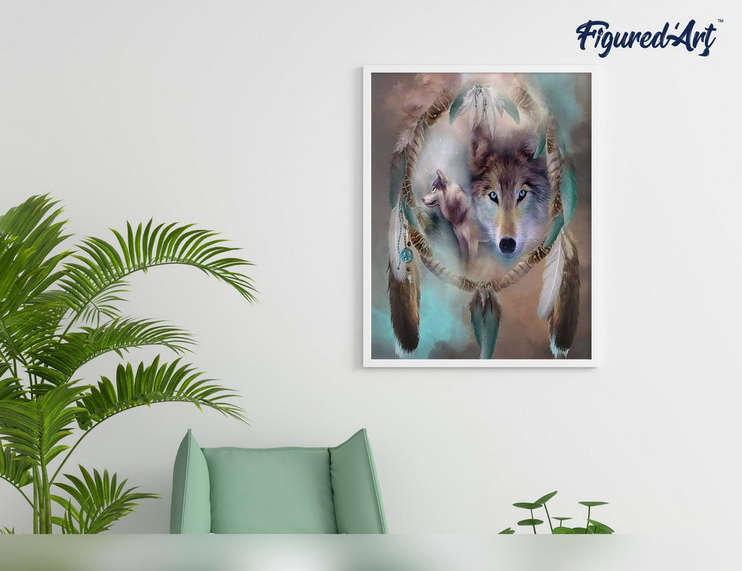 Malen nach Zahlen 40x50cm auf Keilrahmen gespannt Figured’Art Wölfe und Federn - Kidis Art