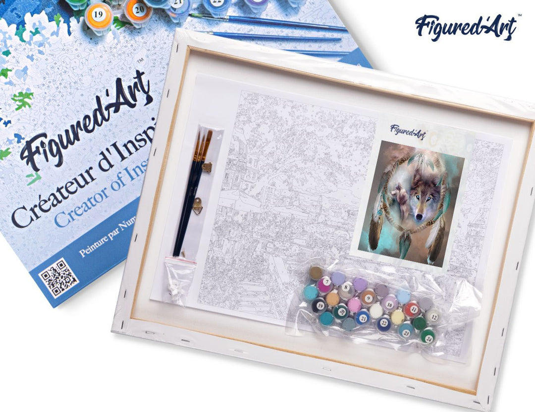 Malen nach Zahlen 40x50cm auf Keilrahmen gespannt Figured’Art Wölfe und Federn - Kidis Art
