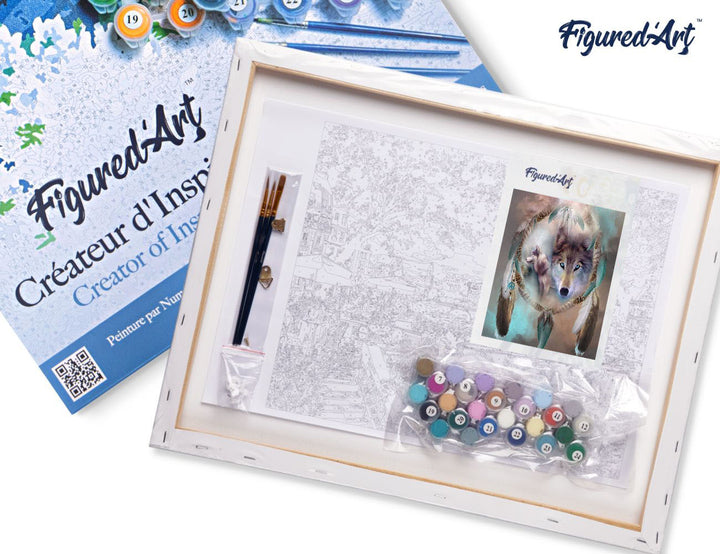 Malen nach Zahlen 40x50cm auf Keilrahmen gespannt Figured’Art Wölfe und Federn - Kidis Art