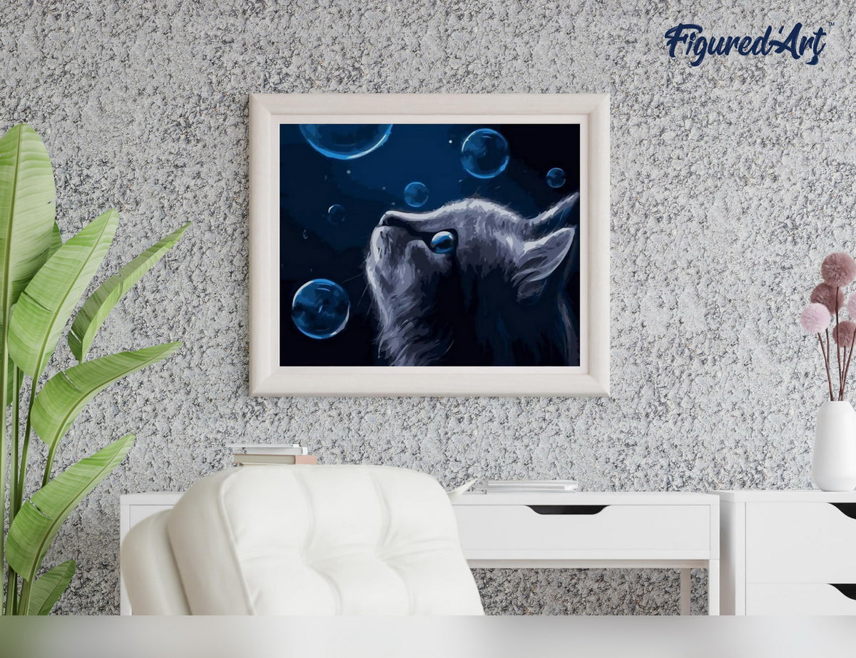 Malen nach Zahlen 40x50cm ohne Keilrahmen Figured’Art Katze und blaue Blasen - Kidis Art