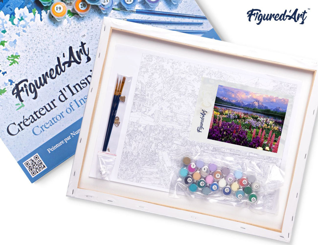 Malen nach Zahlen 40x50cm auf Keilrahmen gespannt Figured’Art Blumen und See am Fusse des Berges