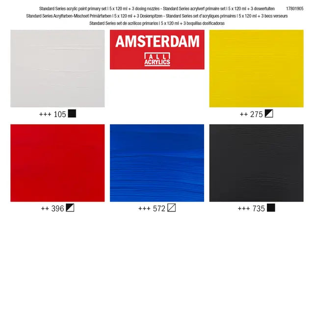Amsterdam Standard Series Acrylfarben-Mischset Primärfarben | 5 x 120 ml + 3 Dosierverschlüssen Amsterdam
