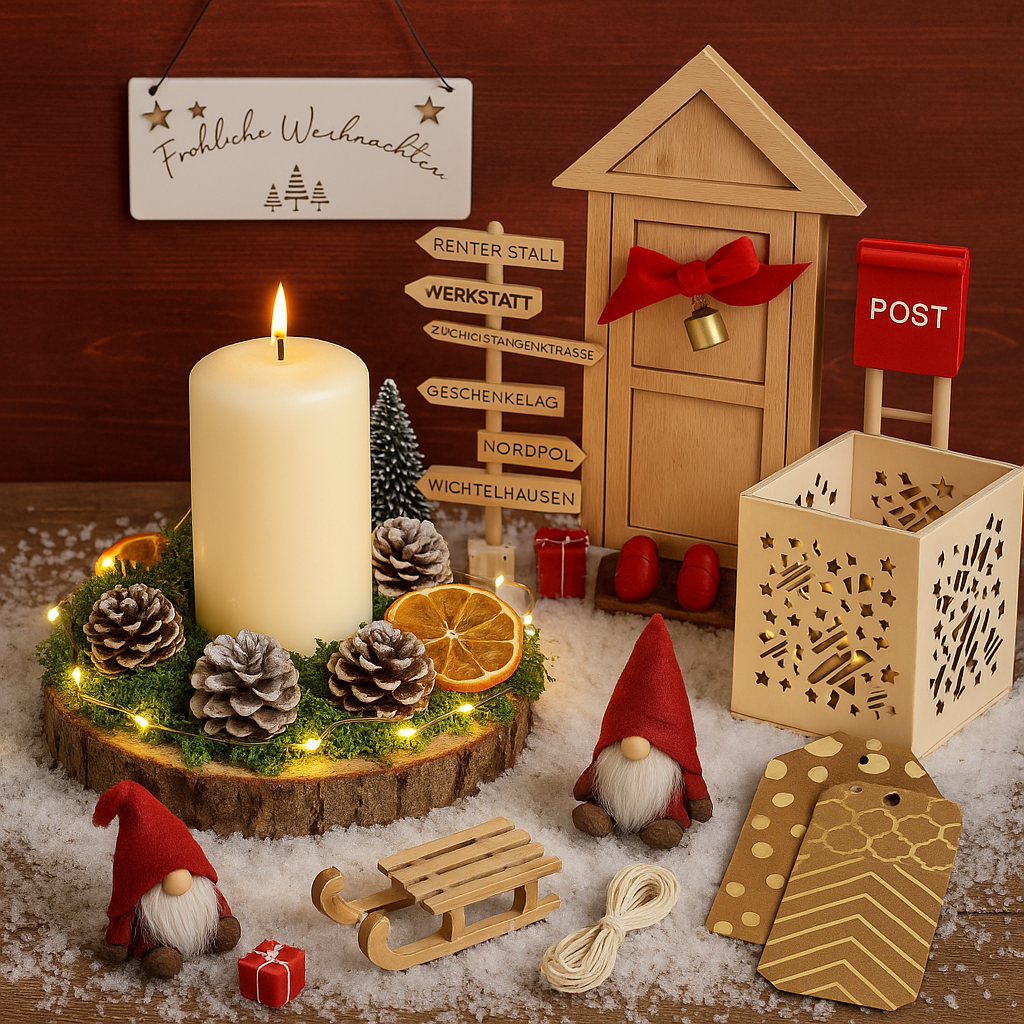 Winterliche Holzscheibe-Deko mit Kerze und Wichteln