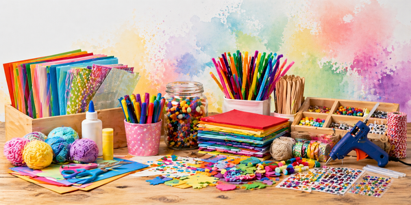 Bastelmaterial mit Papier, Schere, Kleber, Farben und kreativen DIY Materialien  – Bastelbedarf von Kidis Art