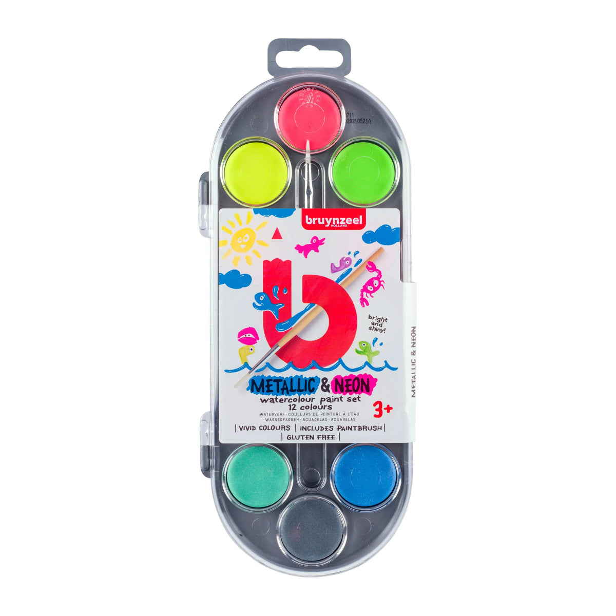 Bruynzeel Wasserfarbenset für Kinder mit 12 Metallic- & Neon-Farben und Pinsel - Kidis Art
