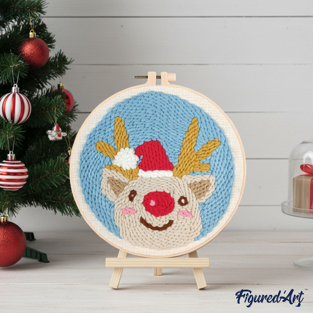 Punch Needle 20 x 20 cm Rentierkopf und Weihnachtsmütze