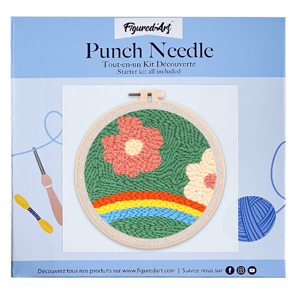 Punch Needle 20x20 Blumen über einem Regenbogen