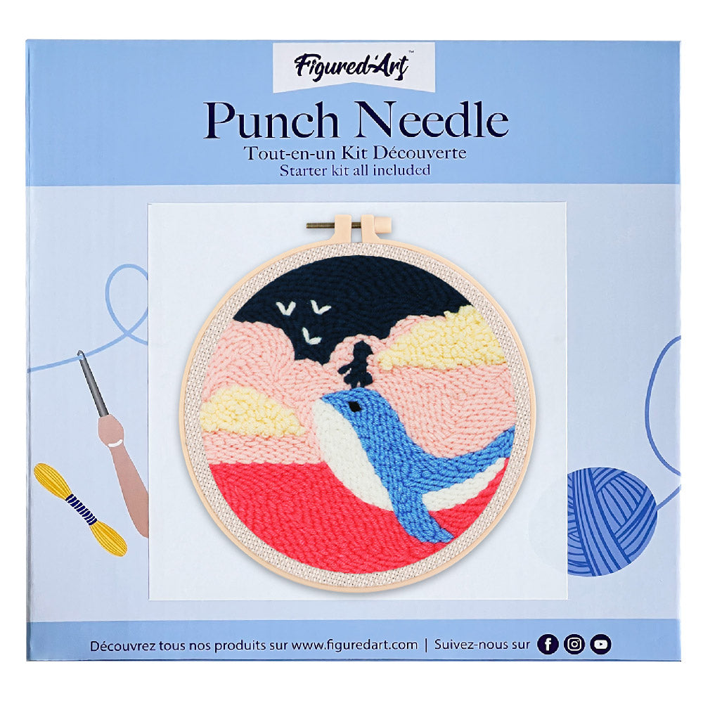 Punch Needle 20x20 Kleines Mädchen und ein Wal in der Abenddämmerung