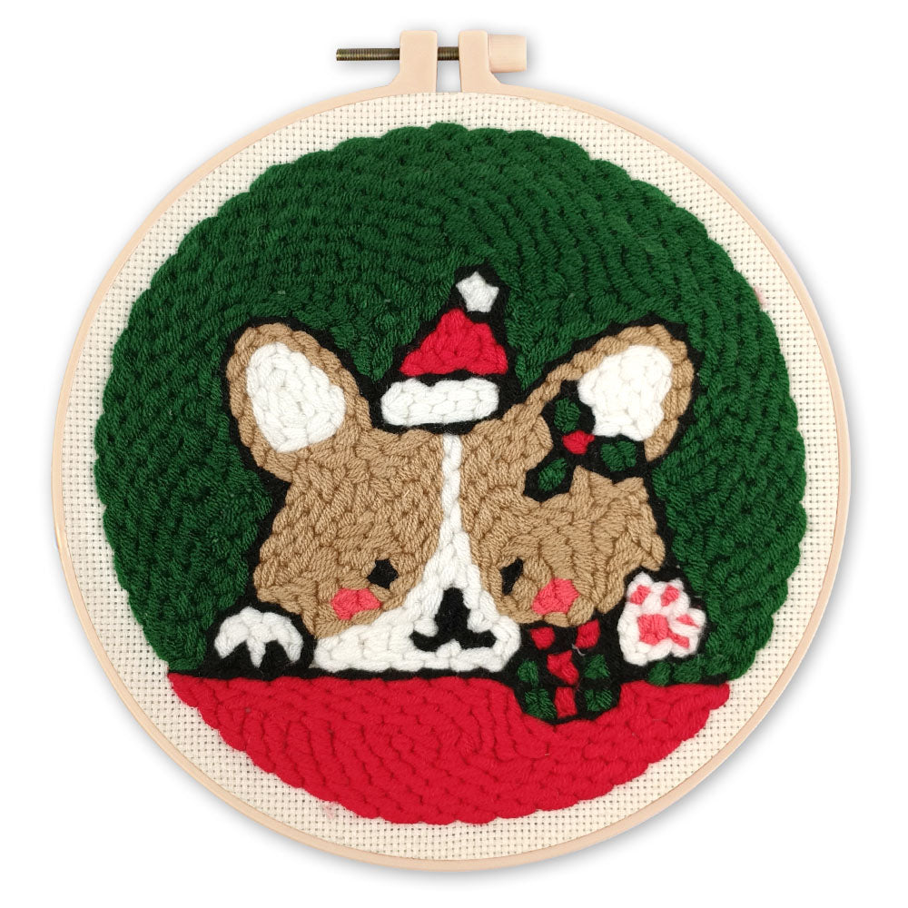 Punch Needle 20 x 20 cm Hund und Weihnachtsmütze
