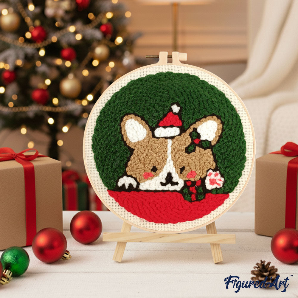 Punch Needle 20 x 20 cm Hund und Weihnachtsmütze