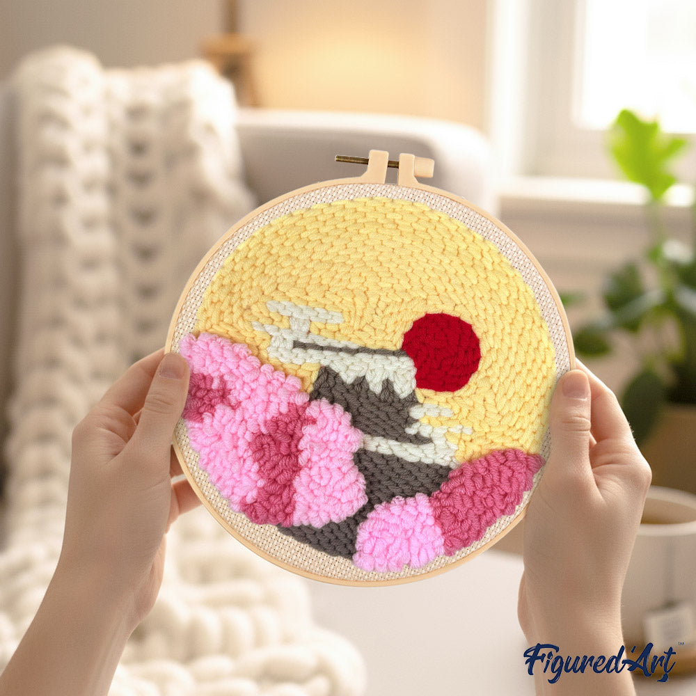 Punch Needle 20 x 20 cm Aufgehende Sonne und Kirschblüten