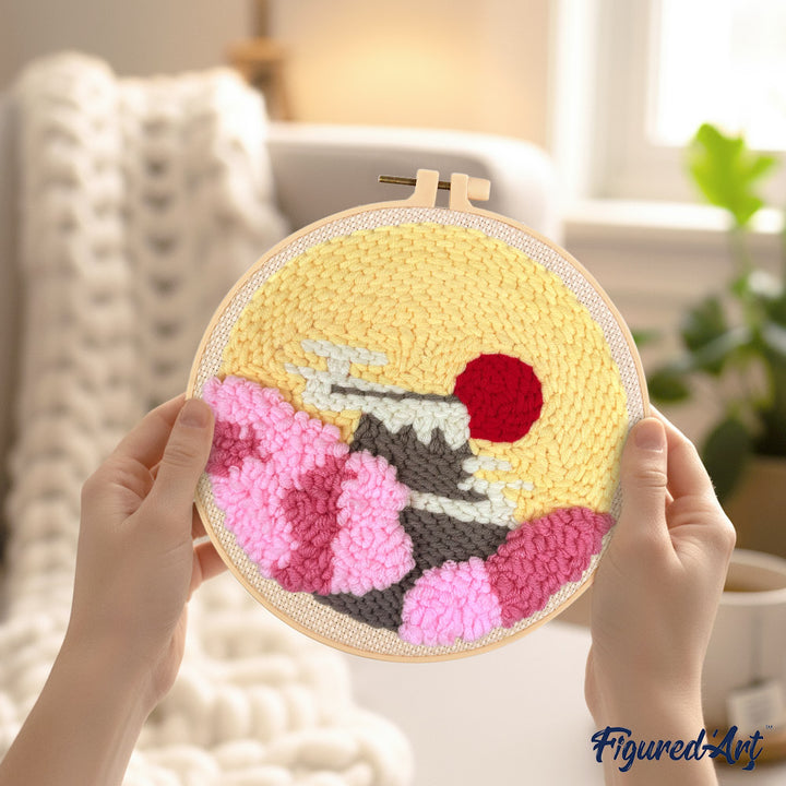 Punch Needle 20 x 20 cm Aufgehende Sonne und Kirschblüten