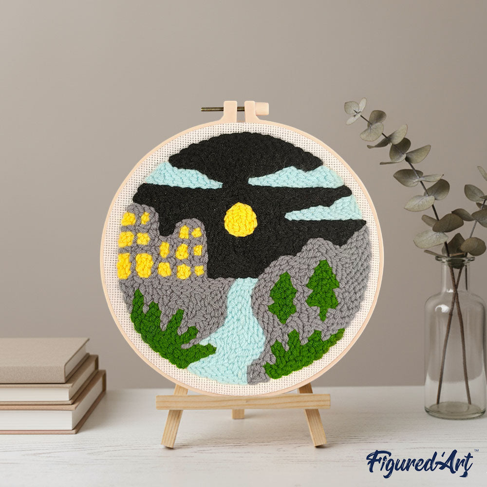 Punch Needle 20 x 20 cm Fluss bei Nacht