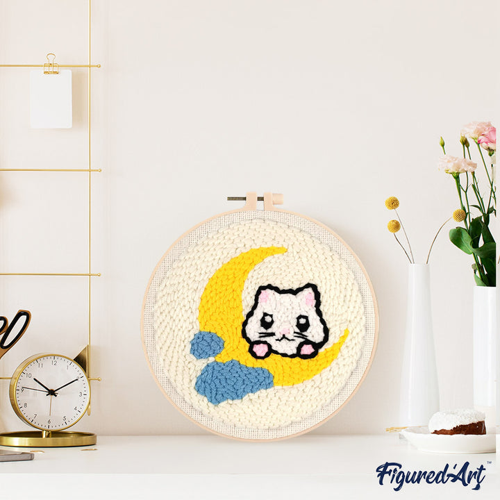 Punch Needle 20 x 20 cm Katze auf dem Mond