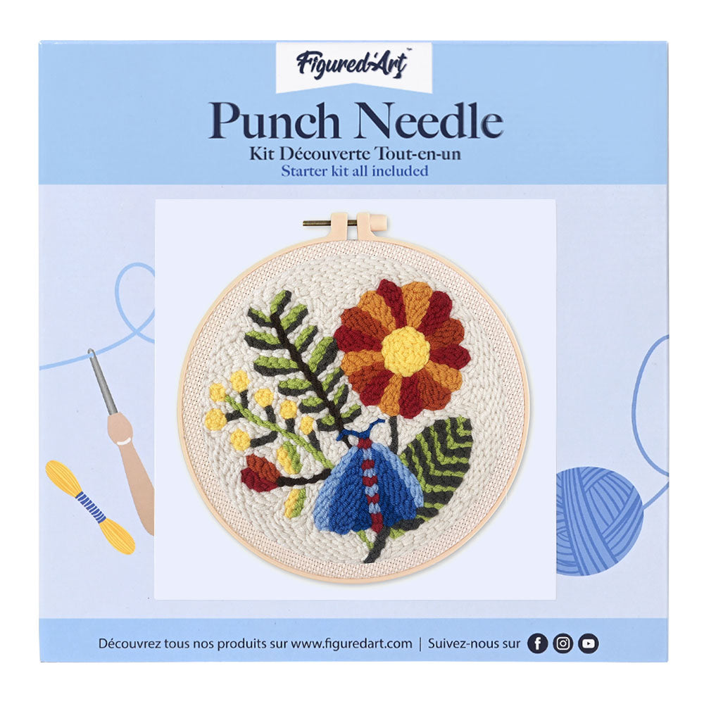 Punch Needle 20 x 20 cm Blauer Schmetterling und Blumen
