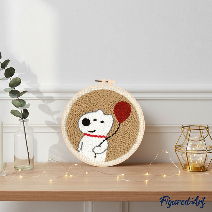 Punch Needle 20 x 20 cm Weißer Hund und Ball