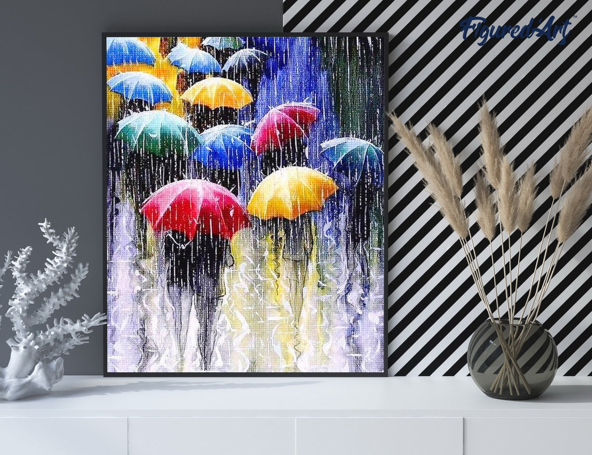 Diamond Painting 40x50 gerollte Leinwand Figured’Art Regenschirme im Regen - Kidis Art
