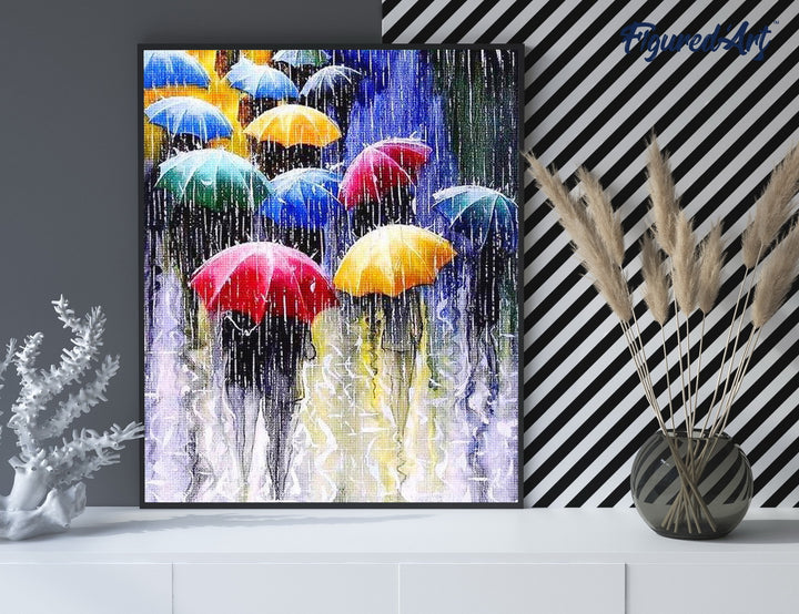 Diamond Painting 40x50 gerollte Leinwand Figured’Art Regenschirme im Regen - Kidis Art
