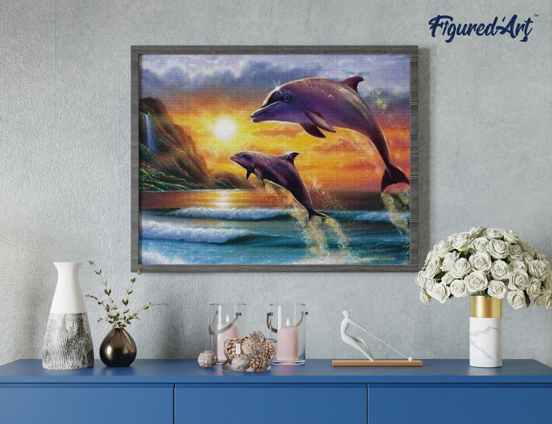 Diamond Painting 40x50 gerollte Leinwand Figured’Art Delfine bei Sonnenaufgang - Kidis Art