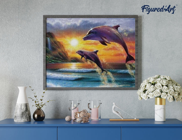 Diamond Painting 40x50 gerollte Leinwand Figured’Art Delfine bei Sonnenaufgang - Kidis Art