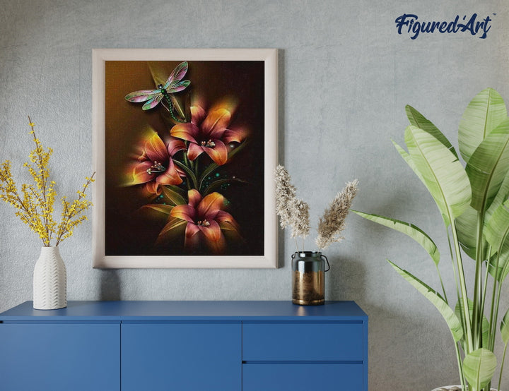 Diamond Painting 40x50 gerollte Leinwand Figured’Art Lilien und Libelle - Kidis Art