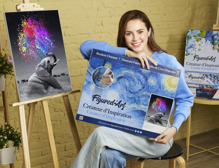 Diamond Painting 40x50 auf Keilrahmen gespannt Figured’Art Elefant und Farben - Kidis Art