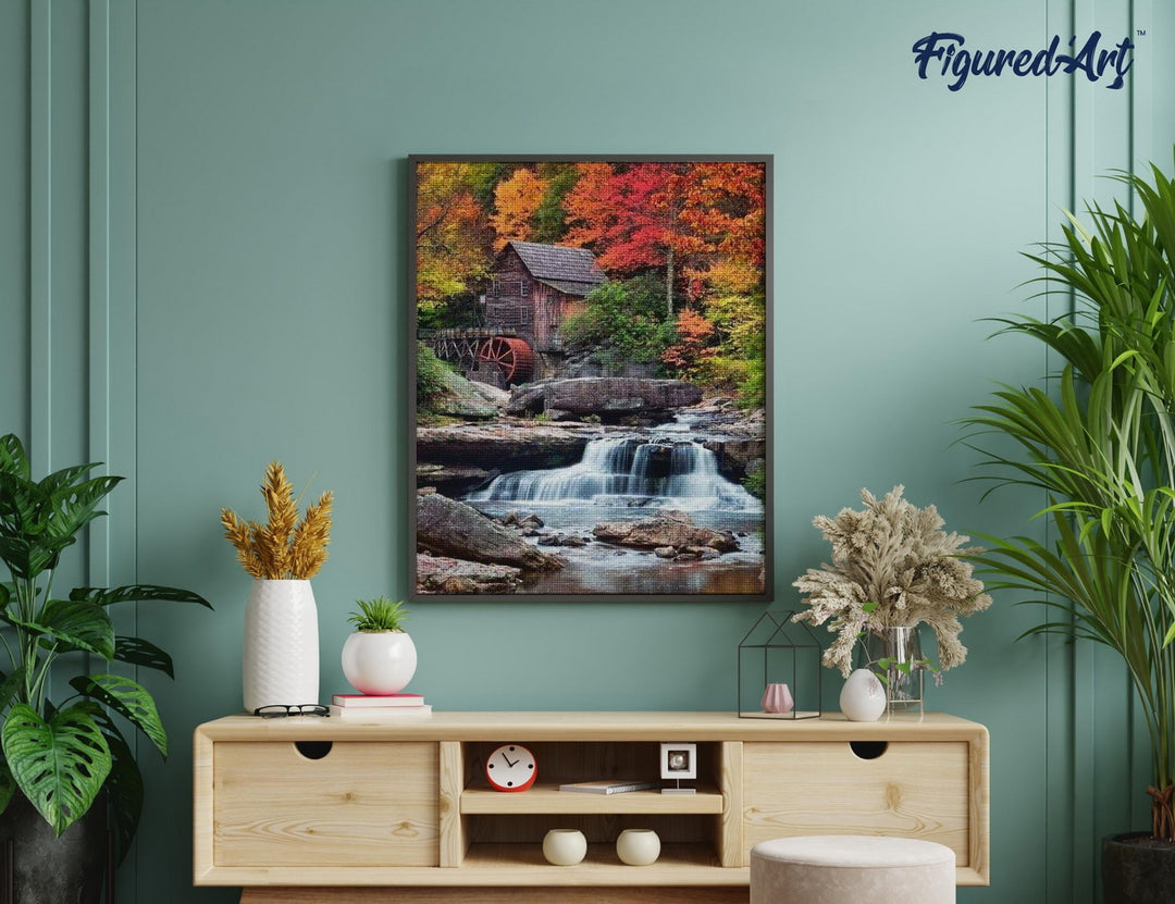 Diamond Painting 40x50 gerollte Leinwand Figured’Art Berghütte und Bach - Kidis Art