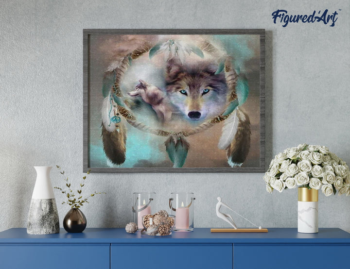 Diamond Painting 40x50 gerollte Leinwand Figured’Art Wölfe und Federn - Kidis Art