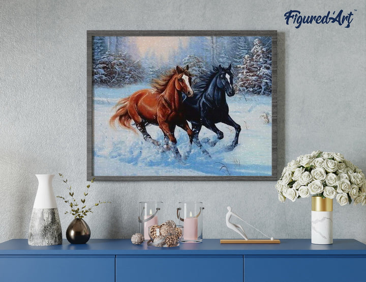 Diamond Painting 40x50 gerollte Leinwand Figured’Art Zwei Pferde im Winter - Kidis Art