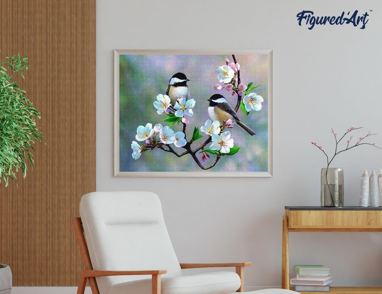 Diamond Painting 40x50 auf Keilrahmen gespannt Figured’Art Kleine Vögel und weisse Blumen - Kidis Art