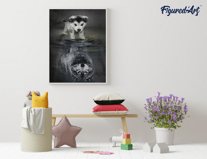 Diamond Painting 40x50 gerollte Leinwand Figured’Art Hund und Wolf Spiegelung - Kidis Art