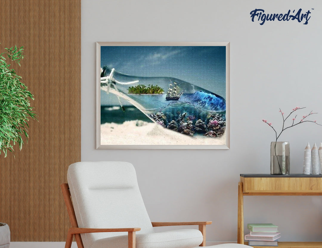 Diamond Painting 40x50 gerollte Leinwand Figured’Art Meer Flasche - Kidis Art