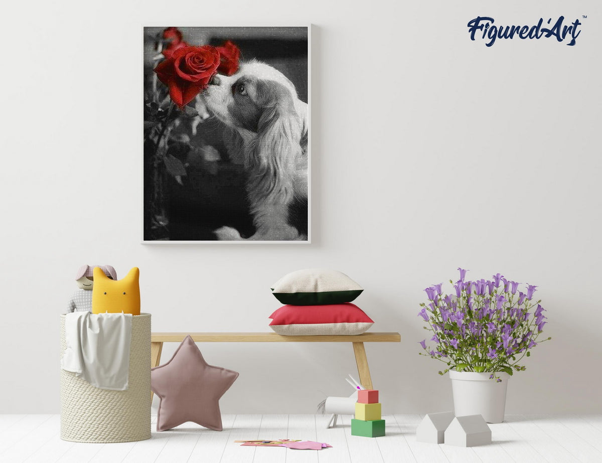 Diamond Painting 40x50 gerollte Leinwand Figured’Art Hund und Rose - Kidis Art