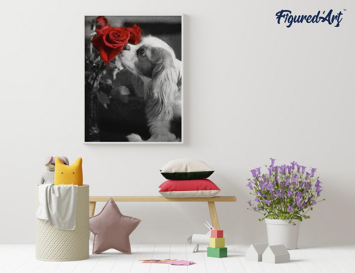 Diamond Painting 40x50 gerollte Leinwand Figured’Art Hund und Rose - Kidis Art