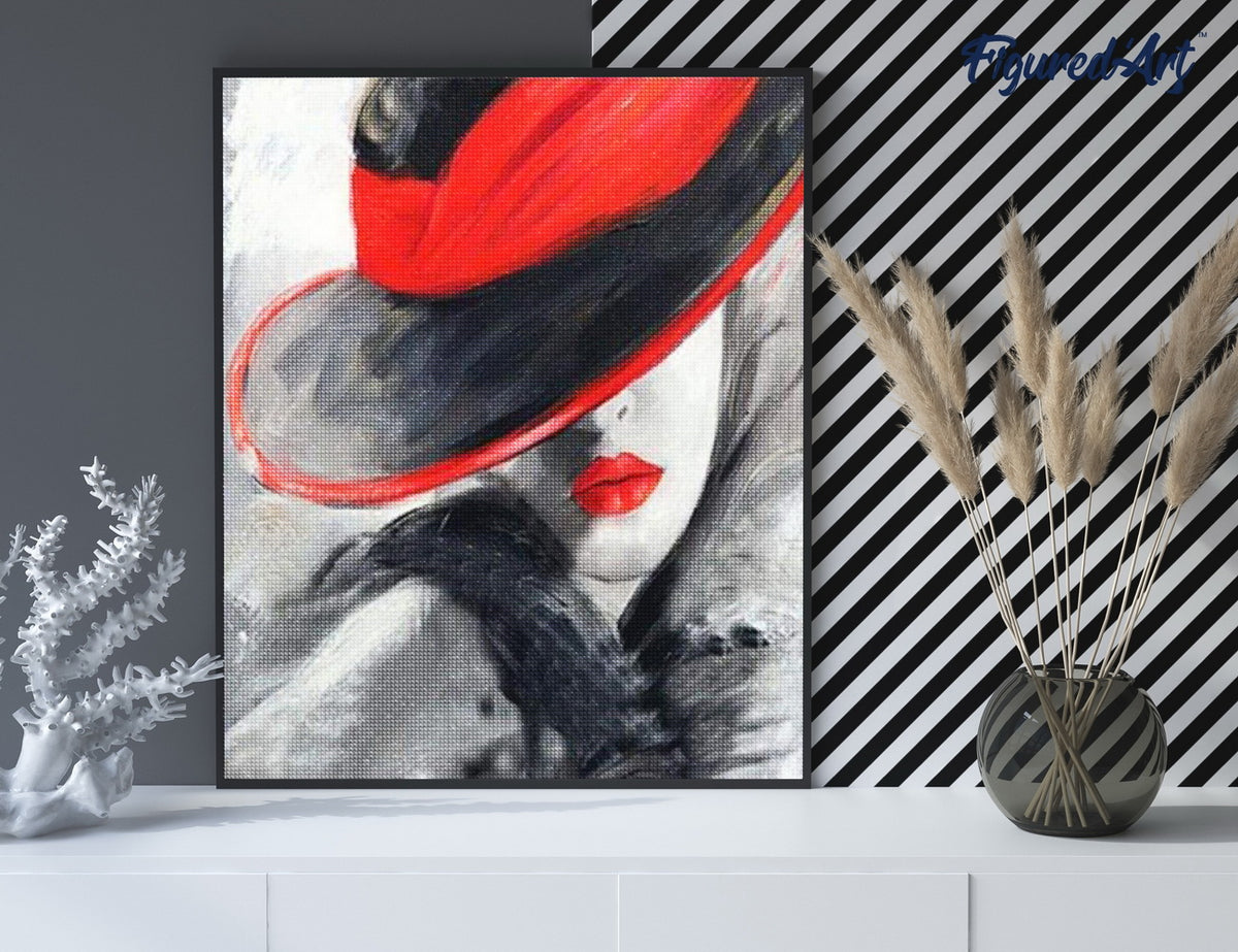 Diamond Painting 40x50 gerollte Leinwand Figured’Art Frau mit rotem Hut - Kidis Art
