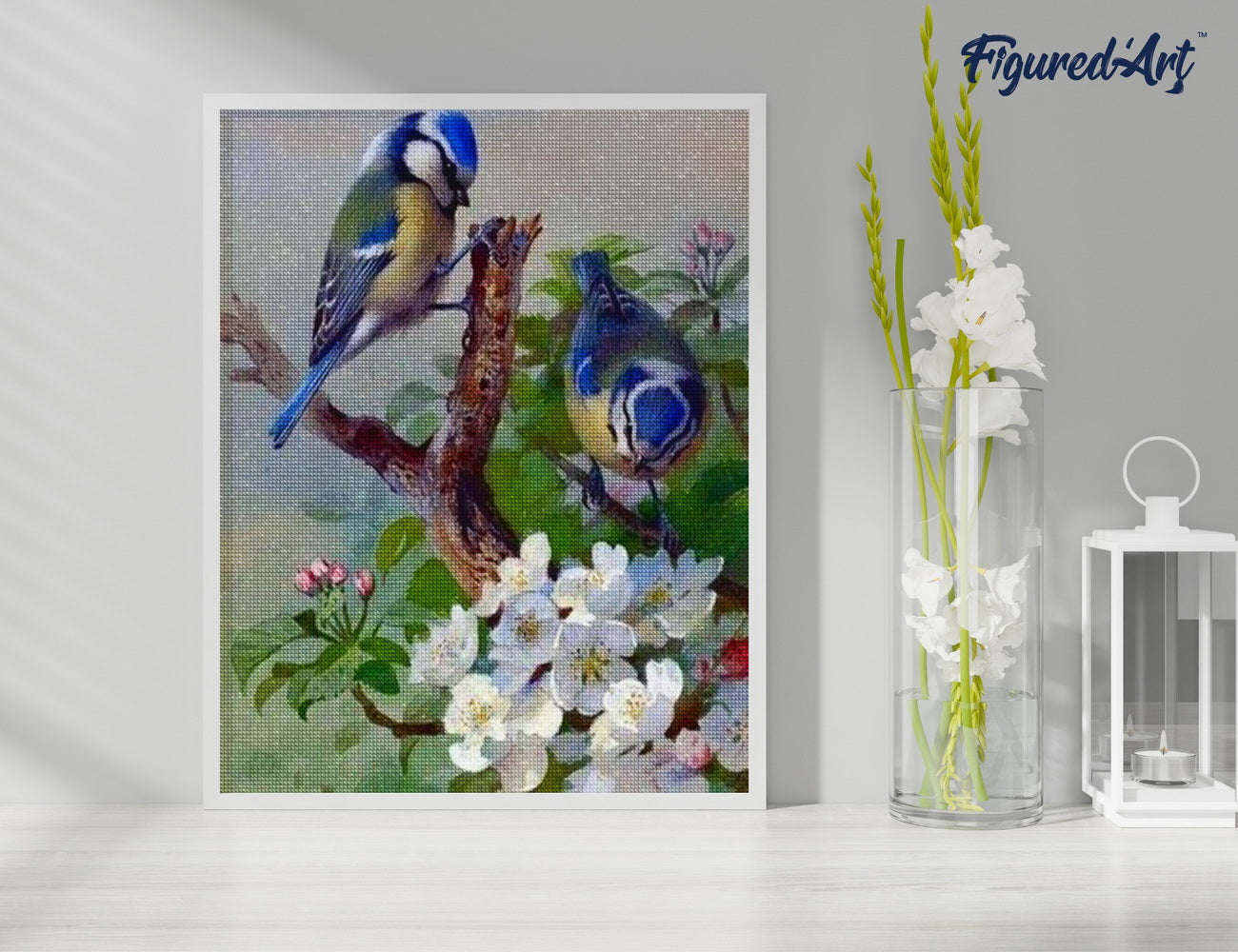 Diamond Painting 40x50 auf Keilrahmen gespannt Figured’Art Blaumeise auf Ast - Kidis Art