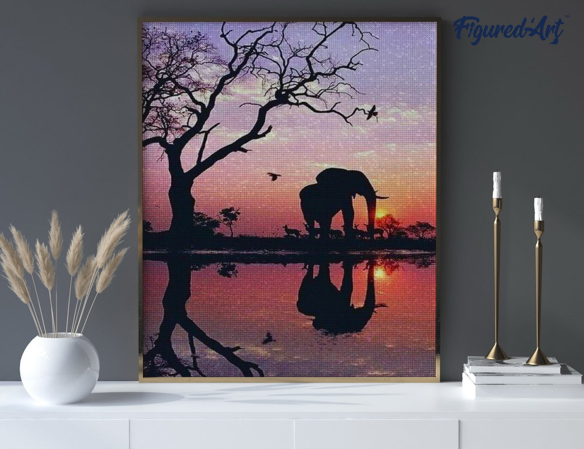 Diamond Painting 40x50 gerollte Leinwand Figured’Art Elefant und Sonnenuntergang - Kidis Art