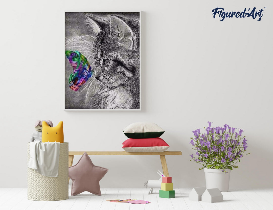 Diamond Painting 40x50 gerollte Leinwand Figured’Art Katze und bunter Schmetterling - Kidis Art