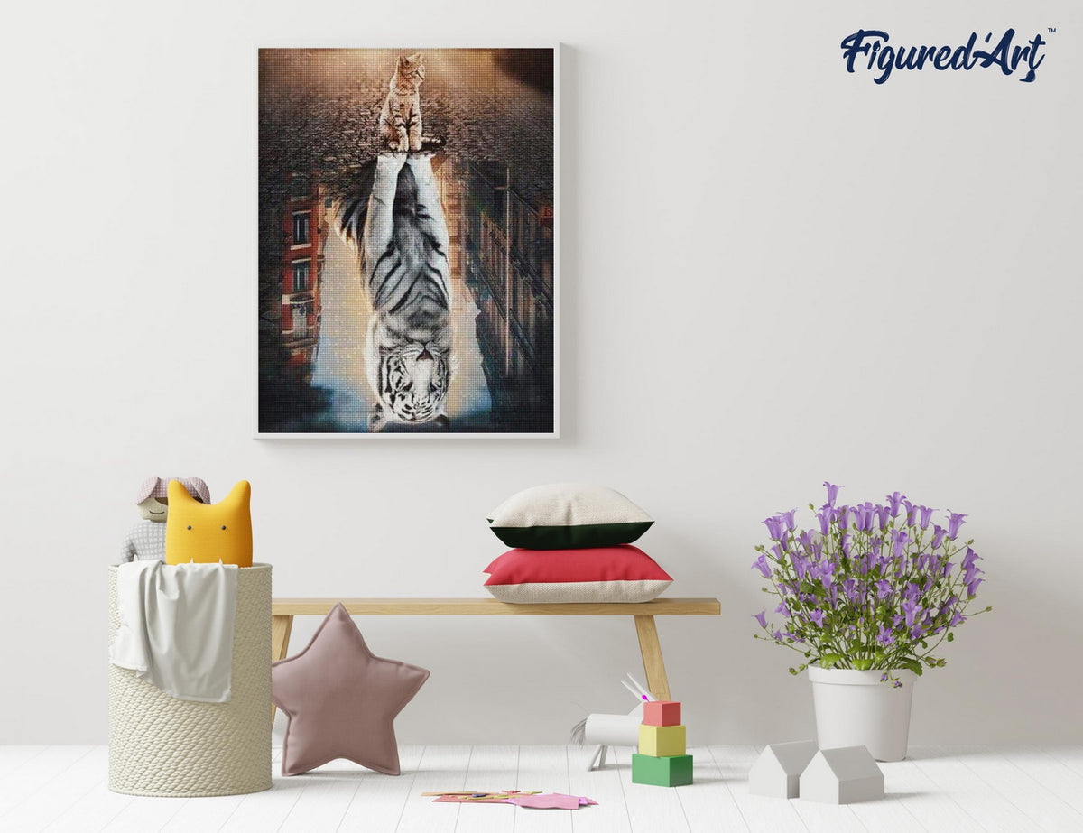 Diamond Painting 40x50 gerollte Leinwand Figured’Art Katze Spiegelung in der Stadt - Kidis Art