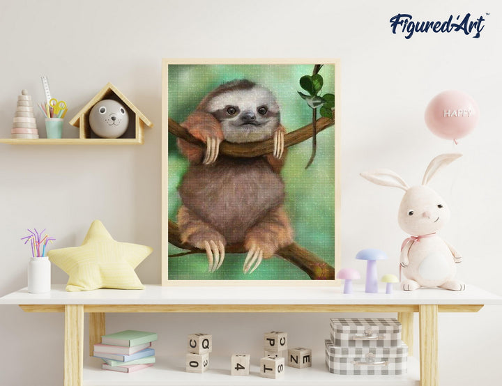 Diamond Painting 40x50 gerollte Leinwand Figured’Art Faultier auf einem Ast - Kidis Art