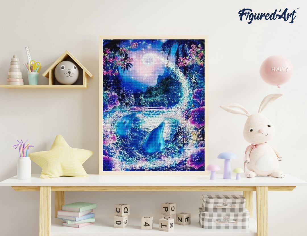 Diamond Painting 40x50 gerollte Leinwand Figured’Art Delfine und verzauberter Fluss - Kidis Art