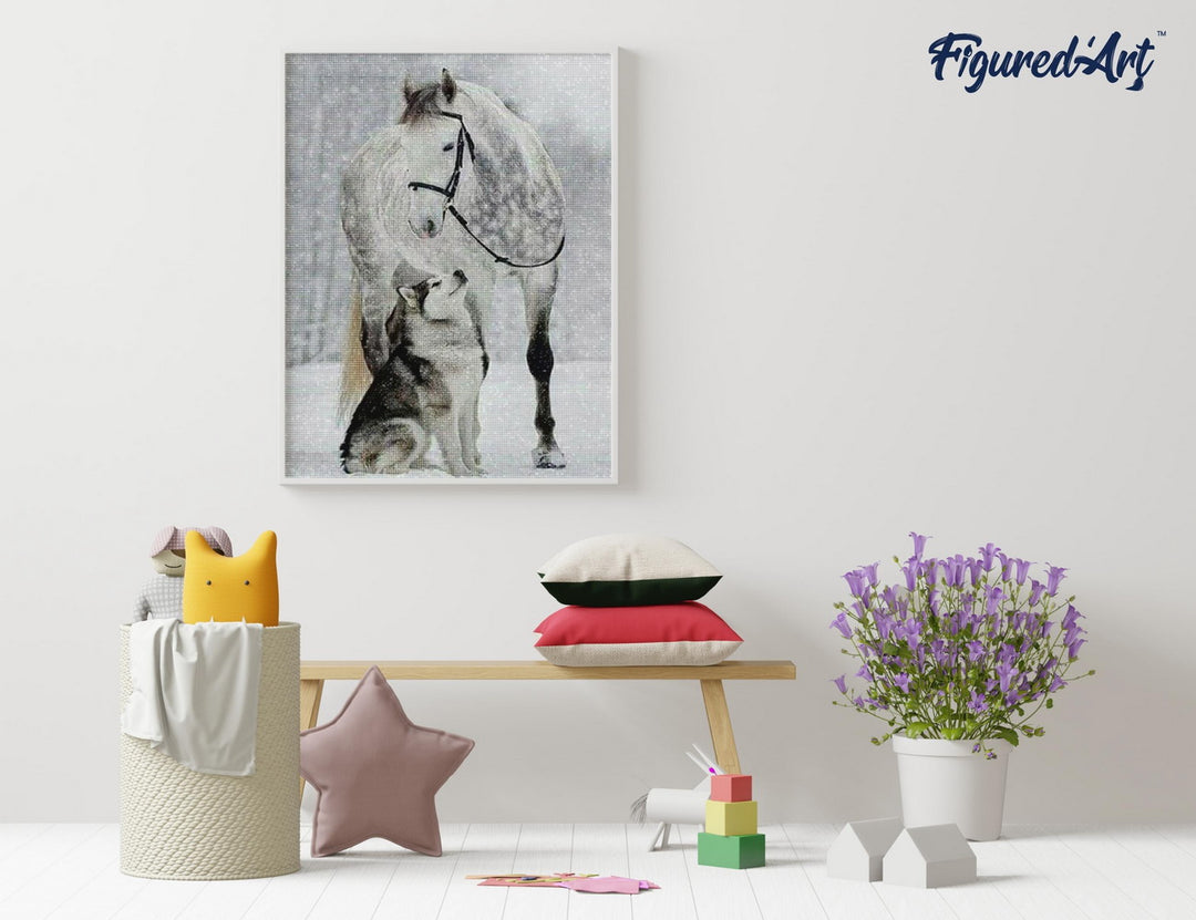 Diamond Painting 40x50 gerollte Leinwand Figured’Art Pferd und Wolf im Schnee - Kidis Art