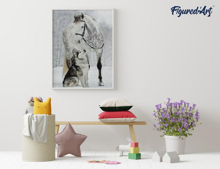 Diamond Painting 40x50 gerollte Leinwand Figured’Art Pferd und Wolf im Schnee - Kidis Art