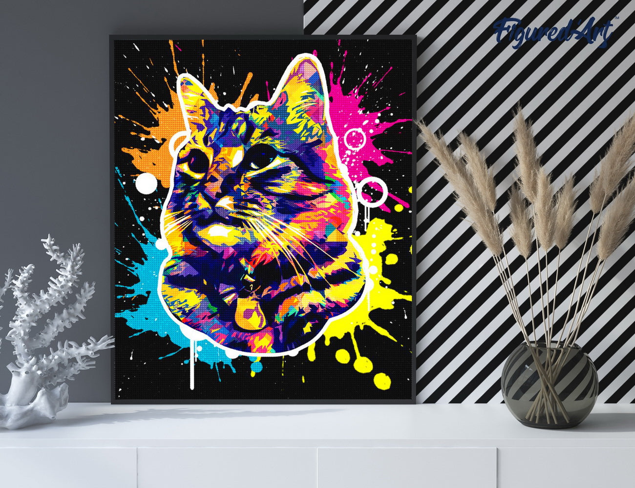 Diamond Painting 40x50 auf Keilrahmen gespannt Figured’Art Katze Pop Art - Kidis Art